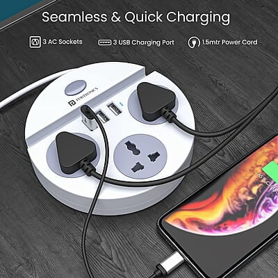 Portronics Power Plate 5 1500W Power Converter with USB Charger & Mobile Holder 3AC Socket + 3USB Ports, 1.5 m Cord Length Portronics Power Plate 5 1500W Power Converter with USB Charger & Mobile Holder 3AC Socket + 3USB Ports, 1.5 m Cord Length