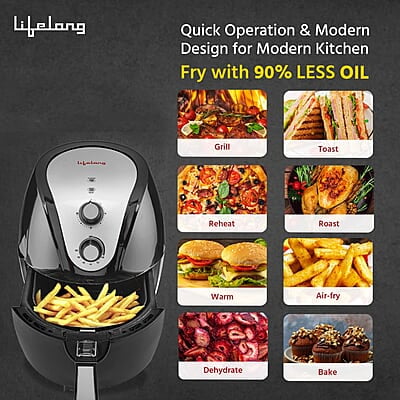 Lifelong Fryo Air Fryer 1400W with 4.5L Large Cooking Pan Capacity, Timer Selection and Fully Adjustable Temperature Control Lifelong Fryo Air Fryer 1400W with 4.5L Large Cooking Pan Capacity, Timer Selection and Fully Adjustable Temperature Control