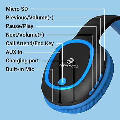 ZEBRONICS Thunder Bluetooth 5.3 Wireless Over ear Headphones with 60H Backup, Gaming Mode, Dual Pairing, ENC, AUX, Micro SD, Voice Assistant, Comfortable Earcups, Call Function ZEBRONICS Thunder Bluetooth 5.3 Wireless Over ear Headphones with 60H Backup, Gaming Mode, Dual Pairing, ENC, AUX, Micro SD, Voice Assistant, Comfortable Earcups, Call Function