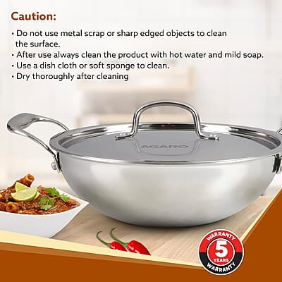 AGARO Regency Tri-Ply Steel Kadai, 2.25L Capacity, 24 cm Stainless Steel AGARO Regency Tri-Ply Steel Kadai, 2.25L Capacity, 24 cm Stainless Steel