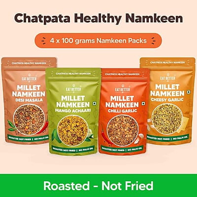 Eat Better Co – Millet Namkeen Combo – Four Flavours – Desi Masala, Mango Achari, Cheesy Garlic and Chilli Garlic – 4 * 100 grams - Healthy Snacks for Adults Combo Eat Better Co – Millet Namkeen Combo – Four Flavours – Desi Masala, Mango Achari, Cheesy Garlic and Chilli Garlic – 4 * 100 grams - Healthy Snacks for Adults Combo