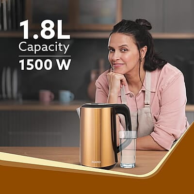 AGARO Insignia Electric Kettle, 1.8L, Double Layered Kettle, 100% Stainless Steel Inner Metallic Gold AGARO Insignia Electric Kettle, 1.8L, Double Layered Kettle, 100% Stainless Steel Inner Metallic Gold