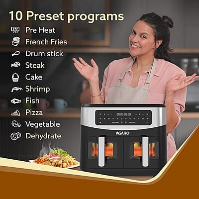 AGARO Imperial Dual Basket Digital Air Fryer, Independent 4.5L Basket, 10 Preset Cooking Modes, 360° Air Circulation, Convection, Digital Touch Display, 2400W