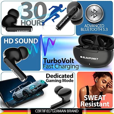 Blaupunkt BTW100 LITE in Ear TWS Bluetooth Earbuds I HD Sound I Gaming Mode I Low Latency I 30H Playtime* I TurboVolt Charging I BT Version 5.3 I Intuitive Touch Controls