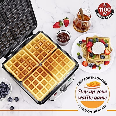Borosil Jumbo Waffle Maker, 1100W, Non-Stick Grilling Plate, 4 Jumbo Bread Slices