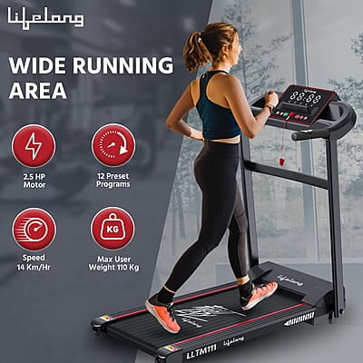 Lifelong FitPro LLTM111 (2.5 HP Peak) Motorized Treadmill for Home with 12 preset Workouts, Max Speed 14km/hr., Bluetooth Speaker Max. User Weight 110kg Lifelong FitPro LLTM111 (2.5 HP Peak) Motorized Treadmill for Home with 12 preset Workouts, Max Speed 14km/hr., Bluetooth Speaker Max. User Weight 110kg