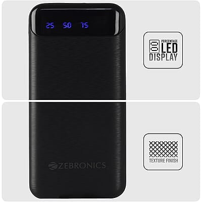 ZEBRONICS MB10000S4 Power Bank, 10000 mAh, 12W, Dual USB Output, Type C & Micro USB Input, Built in Protections, Percentage LED Display, Included USB to Type C Cable ZEBRONICS MB10000S4 Power Bank, 10000 mAh, 12W, Dual USB Output, Type C & Micro USB Input, Built in Protections, Percentage LED Display, Included USB to Type C Cable