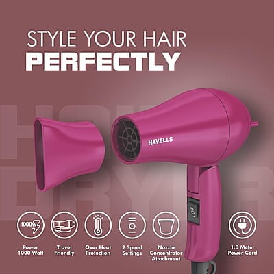 Havells 1000 Watt Foldable Hair Dryer; 2 Heat Settings (Hot/Warm), Heat Balance Technology Havells 1000 Watt Foldable Hair Dryer; 2 Heat Settings (Hot/Warm), Heat Balance Technology