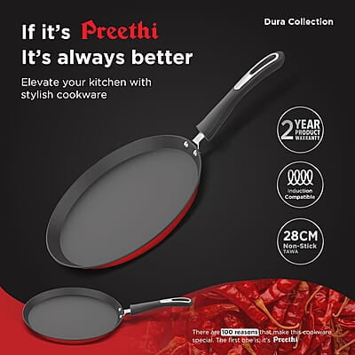 Preethi Dura Collection Non Stick Tawa, 28 cm, Gas & Induction Compatible Preethi Dura Collection Non Stick Tawa, 28 cm, Gas & Induction Compatible