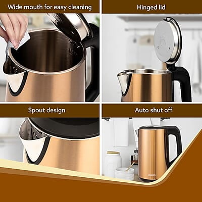 AGARO Insignia Electric Kettle, 1.8L, Double Layered Kettle, 100% Stainless Steel Inner Metallic Gold AGARO Insignia Electric Kettle, 1.8L, Double Layered Kettle, 100% Stainless Steel Inner Metallic Gold