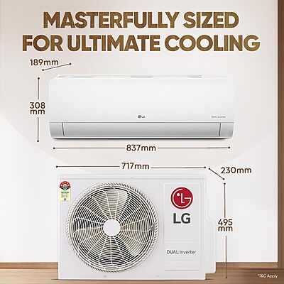 LG 1 Ton 4 Star DUAL Inverter Split AC (Copper, AI Convertible 6-in-1 with VIRAAT Mode, Faster Cooling & Energy Saving, 4 Way Swing, HD Filter with AntiVirus Protection LG 1 Ton 4 Star DUAL Inverter Split AC (Copper, AI Convertible 6-in-1 with VIRAAT Mode, Faster Cooling & Energy Saving, 4 Way Swing, HD Filter with AntiVirus Protection