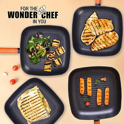 Wonderchef Caesar Forged Virgin Aluminium Grill Pan, 24cm, Black, Greblon C3 Non-stick Coating