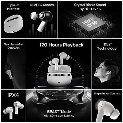 boAt Nirvana Ion TWS Earbuds with 120 HRS Playback(24hrs/Charge), Crystal Bionic Sound with Dual EQ Modes, Quad Mics ENx™ Technology, Low Latency(60ms), in Ear Detection boAt Nirvana Ion TWS Earbuds with 120 HRS Playback(24hrs/Charge), Crystal Bionic Sound with Dual EQ Modes, Quad Mics ENx™ Technology, Low Latency(60ms), in Ear Detection