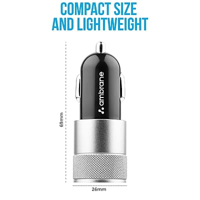 Ambrane 12W Fast Car Charger, Dual USB Output, Multi-Layer Protection, Fast Charging, Compatible with all Cars