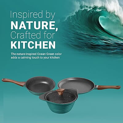 Preethi Artistic Collection Die Cast Non Stick Set, 27 cm Tawa, 24 cm Fry Pan, Kadai 24 cm with Glass Lid