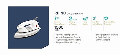 Crompton Greaves Rhino 1000-Watt Heavy weight Dry Iron with Non Stick Teflon Coating