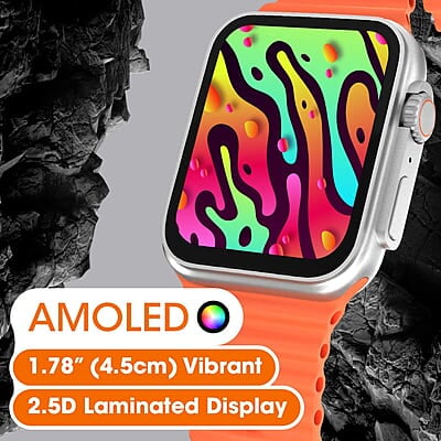 Zebronics ICONIC ULTRA AMOLED Smart watch with Calling Bluetooth 5.1, 1.78" (4.5cm) Large 2.5D screen, Voice assistant, Always ON Display, Built-in rechargeable battery & Female health- Silver+Orange Zebronics ICONIC ULTRA AMOLED Smart watch with Calling Bluetooth 5.1, 1.78" (4.5cm) Large 2.5D screen, Voice assistant, Always ON Display, Built-in rechargeable battery & Female health- Silver+Orange