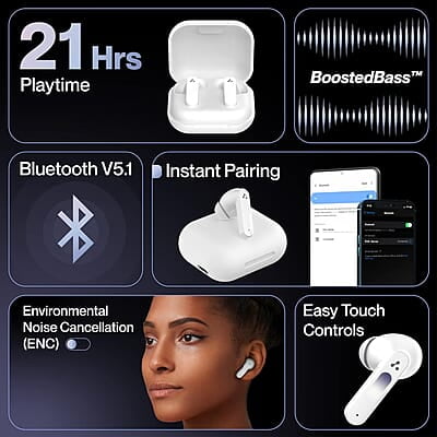 Ambrane Dots Sense True Wireless Earbuds with 21 Hours Playtime,Environmental Noise Cancellation (Enc),10Mm Drivers with Boostedbass,Bluetooth V5.1,Ipx4 Splash Proof