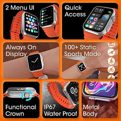 Zebronics ICONIC ULTRA AMOLED Smart watch with Calling Bluetooth 5.1, 1.78" (4.5cm) Large 2.5D screen, Voice assistant, Always ON Display, Built-in rechargeable battery & Female health- Silver+Orange Zebronics ICONIC ULTRA AMOLED Smart watch with Calling Bluetooth 5.1, 1.78" (4.5cm) Large 2.5D screen, Voice assistant, Always ON Display, Built-in rechargeable battery & Female health- Silver+Orange