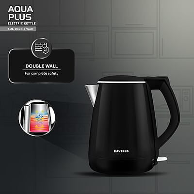 Havells Electric Kettle Aqua Plus 1250 Watts 1.2 liters , Double Layered Cool Touch Outer Body black Havells Electric Kettle Aqua Plus 1250 Watts 1.2 liters , Double Layered Cool Touch Outer Body black