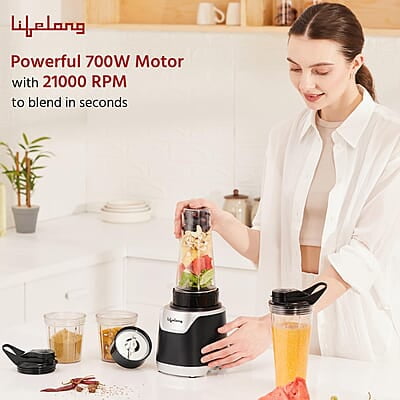 Lifelong 700 Watts Nutri Blender for Smoothie and Juices - 4 Bullet Jars 700 & 500ml - 100% Copper Motor Lifelong 700 Watts Nutri Blender for Smoothie and Juices - 4 Bullet Jars 700 & 500ml - 100% Copper Motor
