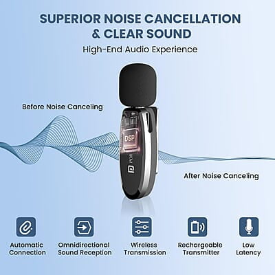 Portronics Dash 7 Omnidirectional 8 Pin Wireless Microphone, Noise Cancellation, Plug & Play, Lapel Wireless Mic Portronics Dash 7 Omnidirectional 8 Pin Wireless Microphone, Noise Cancellation, Plug & Play, Lapel Wireless Mic