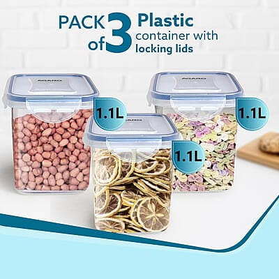 AGARO Airtight Container, Food Storage Container With Lid Leak Proof, BPA Free, Capacity 1.1L Each, Pack of 3 AGARO Airtight Container, Food Storage Container With Lid Leak Proof, BPA Free, Capacity 1.1L Each, Pack of 3