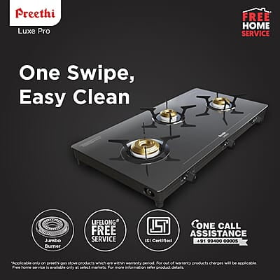 Preethi Luxe Pro 3 Burner Glass Top Gas Stove With Driptray Less Infinity Design Preethi Luxe Pro 3 Burner Glass Top Gas Stove With Driptray Less Infinity Design