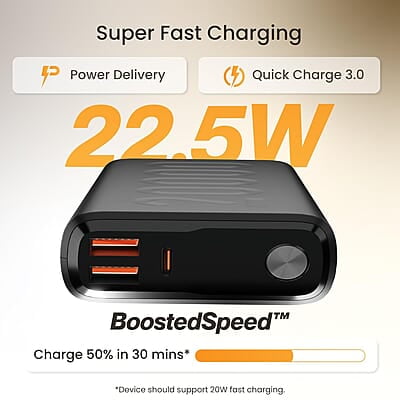 Ambrane 20000mAh Powerbank, 22.5W Fast Charging, Triple Output (2 USB & 1 Type C)