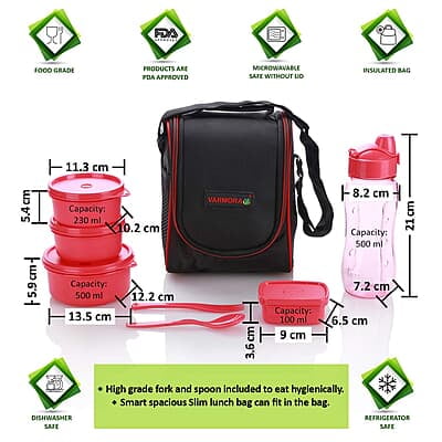 Varmora Plastic Xclusive Lunch Box Tiffin 1Nos-100ml, 2Nos-230ml, 1Nos-500ml Container, 500ml Bottle
