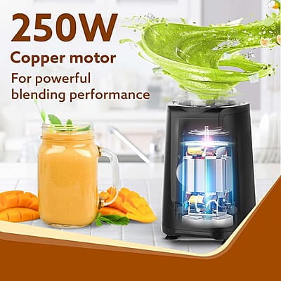 AGARO Regency Multifunctional Blender with Slicer, 250W, 100% Copper Motor, 2 Variable Speed Modes & Pulse Mode, Stainless Steel Blades, Chopper, Multipurpose Jar, slicer, Black AGARO Regency Multifunctional Blender with Slicer, 250W, 100% Copper Motor, 2 Variable Speed Modes & Pulse Mode, Stainless Steel Blades, Chopper, Multipurpose Jar, slicer, Black