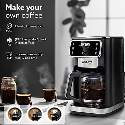 AGARO Primo Drip Coffee Maker, Brew & Drip Coffee Maker, Up to 12 Cups of Coffee, Fast Heating, Adjustable Temperature & Timer AGARO Primo Drip Coffee Maker, Brew & Drip Coffee Maker, Up to 12 Cups of Coffee, Fast Heating, Adjustable Temperature & Timer