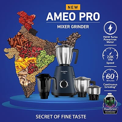 CROMPTON AMEO PRO 750W 4 Jars Mixer Grinder with MaxiGrind and Motor Vent-X Technology CROMPTON AMEO PRO 750W 4 Jars Mixer Grinder with MaxiGrind and Motor Vent-X Technology