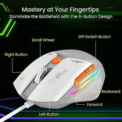 Portronics Vader Wired Gaming Mouse with 6 Buttons, Thumb Support, Adjustable DPI (6400 Max), RGB Light Effects, Ergonomic Design, 1.5 m Long USB Cable for Laptop & PC Portronics Vader Wired Gaming Mouse with 6 Buttons, Thumb Support, Adjustable DPI (6400 Max), RGB Light Effects, Ergonomic Design, 1.5 m Long USB Cable for Laptop & PC