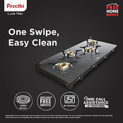 Preethi Luxe Max 4 Burner Glass Top Gas Stove With Driptray Less Infinity Design Preethi Luxe Max 4 Burner Glass Top Gas Stove With Driptray Less Infinity Design