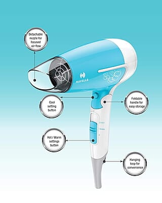 Havells 1200 Watts Foldable Hair Dryer; 3 Heat Settings With Cool Shot (Hot/Cool/ Warm), Heat Balance Technology Havells 1200 Watts Foldable Hair Dryer; 3 Heat Settings With Cool Shot (Hot/Cool/ Warm), Heat Balance Technology