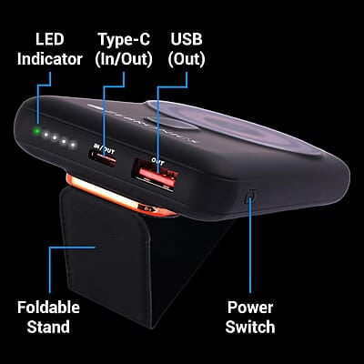 ZEBRONICS MW62 Wireless Power Bank, 10000 mAh, Rapid Charge, Built-in Wireless Charging Pad, Outputs - 22W Wired | 15W Wireless, Type C I/O | USB Output, Built-in Foldable Stand
