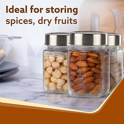 AGARO Elegant Cube Jar 310 ml, Steel Lid, Storage Glass Container Pack of 6