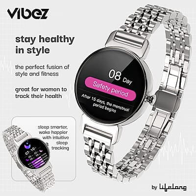 Vibez by Lifelong Ruby 1.04" AMOLED Smartwatch for Women with Metal Strap, Bluetooth Calling, 60 Hz, Voice Assistance silver