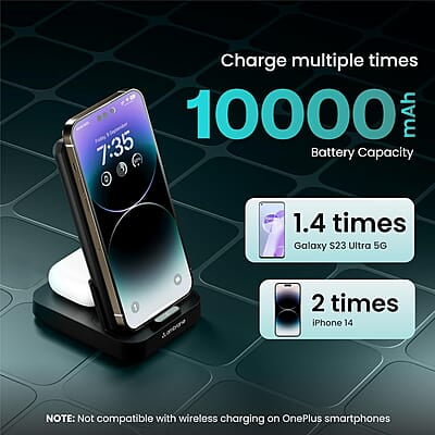 Ambrane 4 in 1 Wireless Charging 10000mAh Power Bank 22.5W Fast Charging, USB & Type C Output, Power Delivery, Quick Charge for iPhone, Android & Other Devices Aerosync Quad