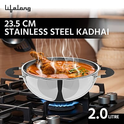 Lifelong 3 pc Cookware 2 Litre Stainless Steel Kadhai with SS Lid 23 CM 1.2 Litre Stainless Steel Sauce Pan 16 CM 1.2 litres Stainless Steel Fry Pan 23 CM