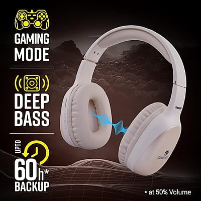 ZEBRONICS Thunder PRO Over Ear Wireless Headphone with Dual Pairing, Gaming Mode, ENC, Bluetooth, Call Function, Aux, Micro SD, Voice Assistant, Deep Bass, Up to 60h Backup ZEBRONICS Thunder PRO Over Ear Wireless Headphone with Dual Pairing, Gaming Mode, ENC, Bluetooth, Call Function, Aux, Micro SD, Voice Assistant, Deep Bass, Up to 60h Backup