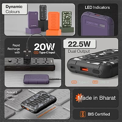 Ambrane 10000mAh Rugged, Slim & Compact Powerbank, 22.5W Fast Charging, USB & Type C Output Ambrane 10000mAh Rugged, Slim & Compact Powerbank, 22.5W Fast Charging, USB & Type C Output