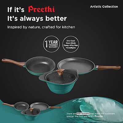 Preethi Artistic Collection Die Cast Non Stick Set, 27 cm Tawa, 24 cm Fry Pan, Kadai 24 cm with Glass Lid