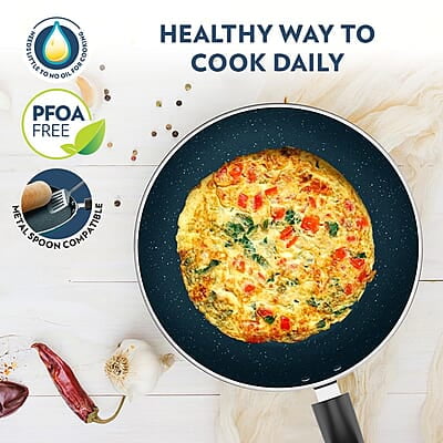 Borosil ProChef Non-Stick Fry Pan, 26 cm, Gas Stove Compatible, Thick Uniform Body for Even Heating, Metal Spoon Friendly, PFOA Free, Blue Exterior, Stir Frying Pan for Eggs, Cutlets, 1 Year Warranty