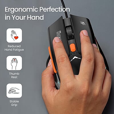 Portronics Vader Wired Gaming Mouse with 6 Buttons, Thumb Support, Adjustable DPI (6400 Max), RGB Light Effects, Ergonomic Design, 1.5 m Long USB Cable for Laptop & PC Portronics Vader Wired Gaming Mouse with 6 Buttons, Thumb Support, Adjustable DPI (6400 Max), RGB Light Effects, Ergonomic Design, 1.5 m Long USB Cable for Laptop & PC