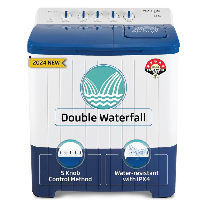 Voltas Beko, A Tata Product 8 Kg 5 Star Semi-automatic Top Load Washing Machine with Double Waterfall Technology Voltas Beko, A Tata Product 8 Kg 5 Star Semi-automatic Top Load Washing Machine with Double Waterfall Technology
