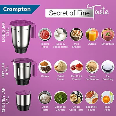 Crompton QUESTA DLX Mixer Grinder 100% Copper Motor & Motor Vent-X Technology (3 Stainless Steel Jars, Lavender) Crompton QUESTA DLX Mixer Grinder 100% Copper Motor & Motor Vent-X Technology (3 Stainless Steel Jars, Lavender)