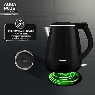 Havells Electric Kettle Aqua Plus 1250 Watts 1.2 liters , Double Layered Cool Touch Outer Body black Havells Electric Kettle Aqua Plus 1250 Watts 1.2 liters , Double Layered Cool Touch Outer Body black
