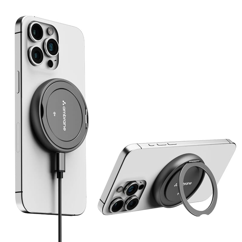 Ambrane 15W MagSafe Wireless Charger & Mobile Stand Lightweight & Foldable for iPhone 15/15 Plus/15 Pro/15 Pro Max, iPhone 12/13/14 Series & Other Qi Devices + Magnetic Ring Ambrane 15W MagSafe Wireless Charger & Mobile Stand Lightweight & Foldable for iPhone 15/15 Plus/15 Pro/15 Pro Max, iPhone 12/13/14 Series & Other Qi Devices + Magnetic Ring